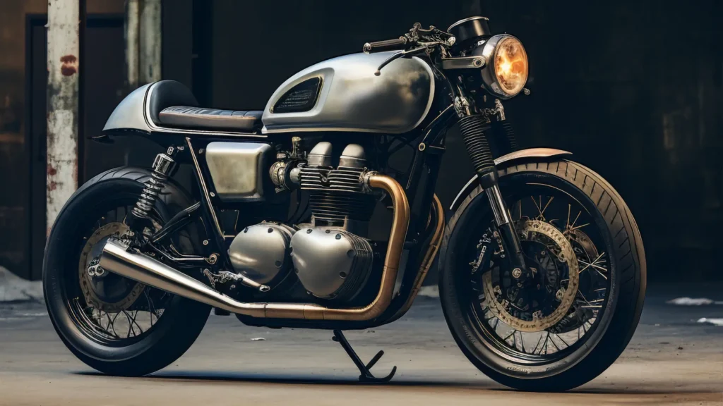A custom-built, silver cafe racer motorcycle is parked indoors. The bike features a vintage design with a modern engine and polished metal details, appealing to motorcycle enthusiasts.