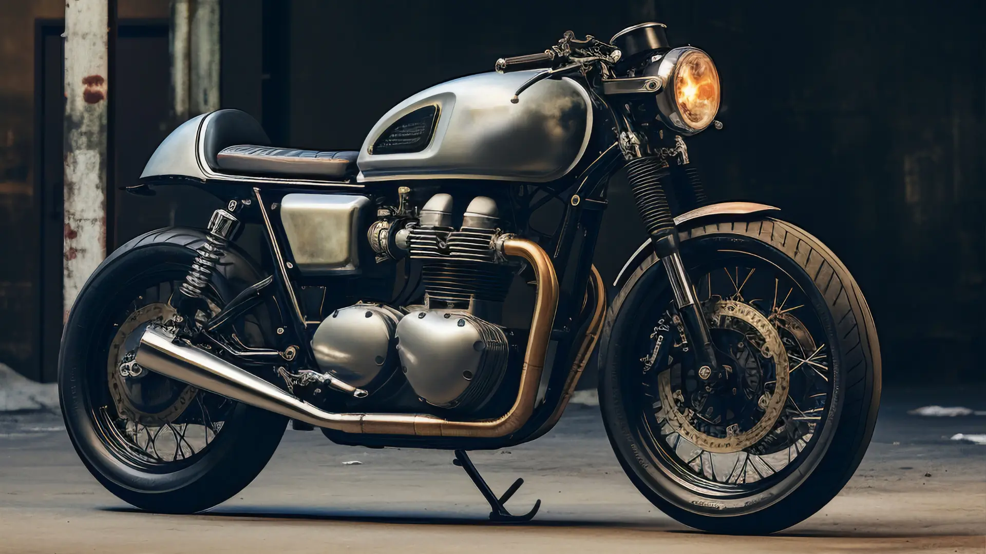 A custom-built, silver cafe racer motorcycle is parked indoors. The bike features a vintage design with a modern engine and polished metal details, appealing to motorcycle enthusiasts.