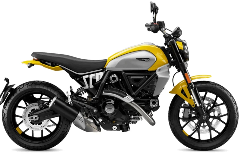 Ducati Scrambler Icon yellow motorcycle side view, retro scrambler bike design, modern naked bike, premium street motorcycle