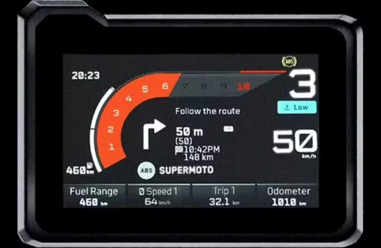 KTM motorcycle TFT display showing navigation directions, fuel range, speed, gear position and Supermoto riding mode