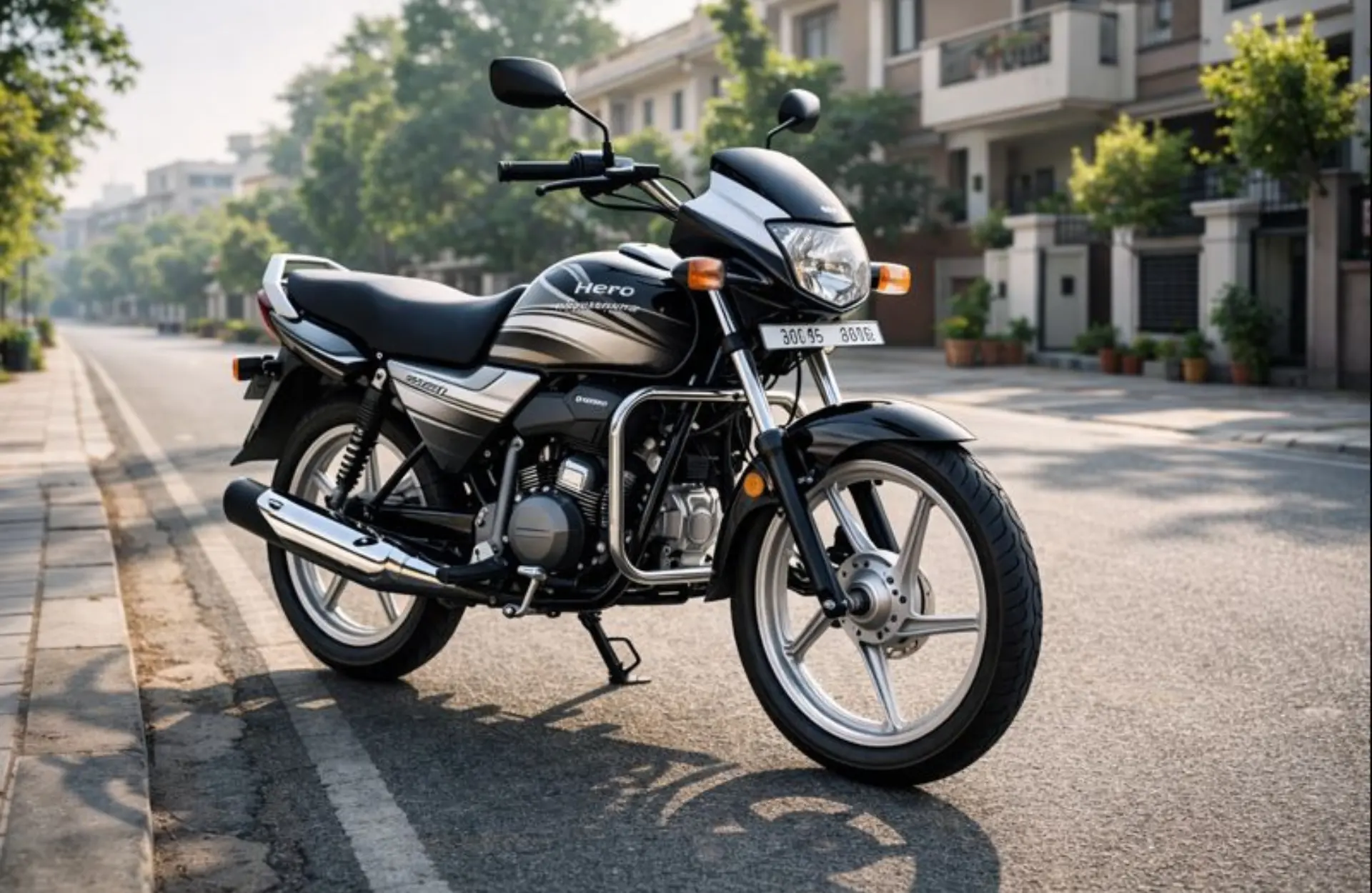 A Hero HF Deluxe 100cc motorcycle parked on a residential street in India, showcasing its silver and black design and reliable build quality.
