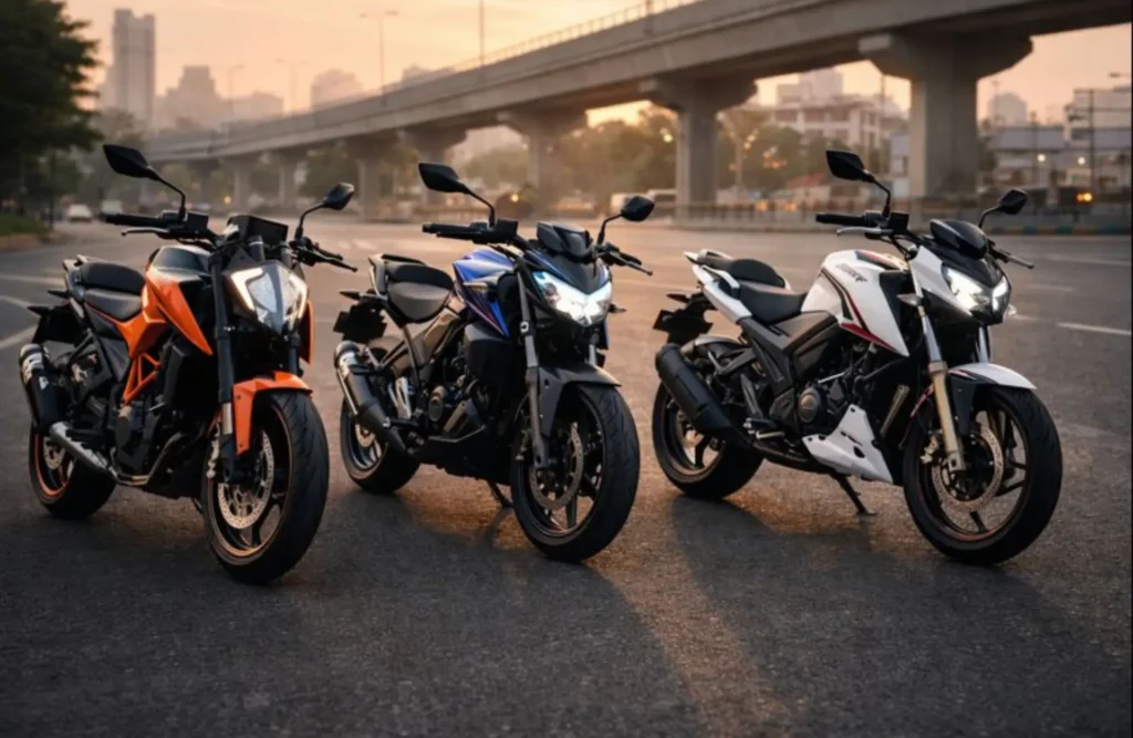 A lineup of popular 200cc naked motorcycles, including a KTM Duke and Bajaj Pulsar, parked on a city street at sunset to showcase Indian streetfighter bike designs.