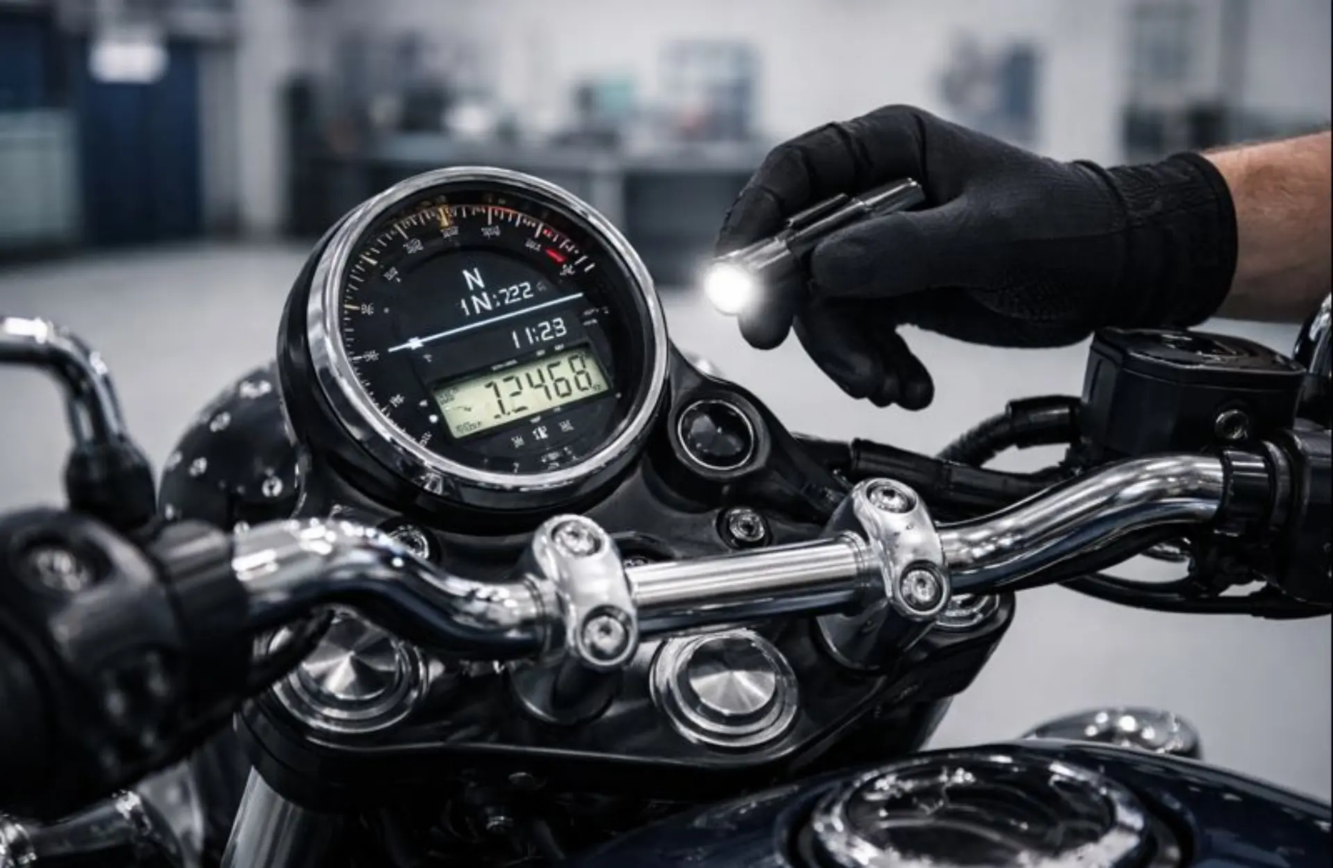 A close-up inspection of a motorcycle's digital odometer and instrument cluster at Genie Bikez to detect signs of tampering and mileage fraud