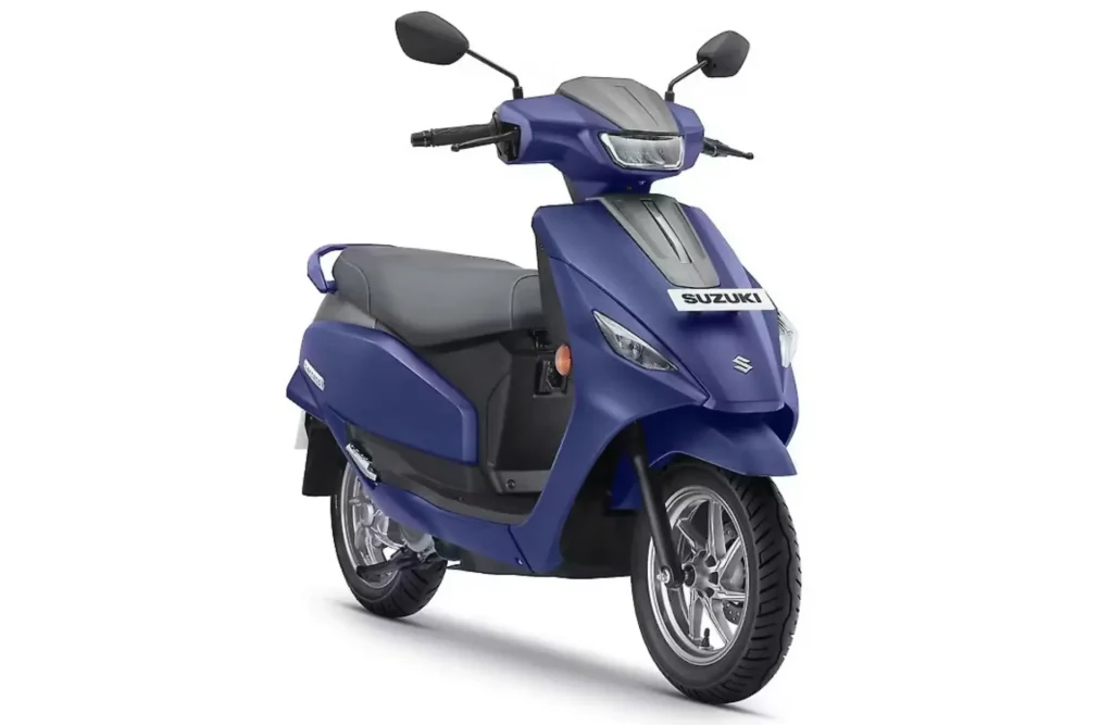 Suzuki e-Access electric scooter front three-quarter view, blue color, modern EV scooter design for city commuting