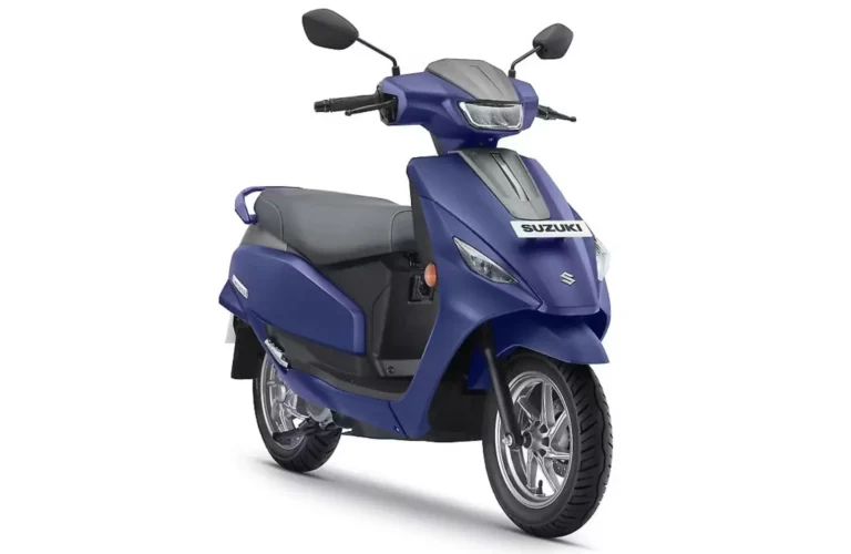 Suzuki e-Access electric scooter front three-quarter view, blue color, modern EV scooter design for city commuting