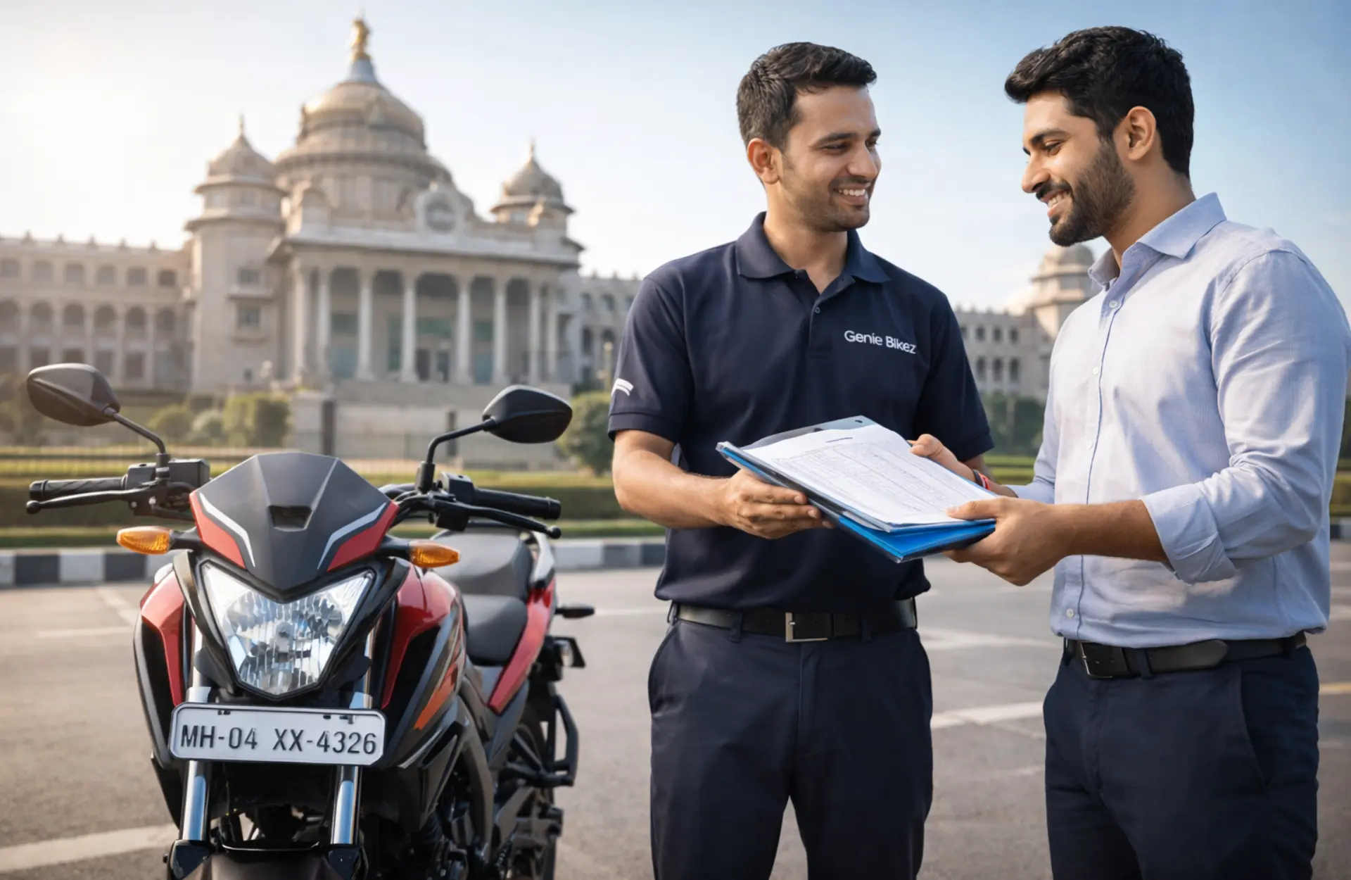 A professional consultation for selling an out-of-state registered motorcycle (Non-KA) at a Genie Bikez center in Bangalore, focusing on RTO paperwork and road tax.