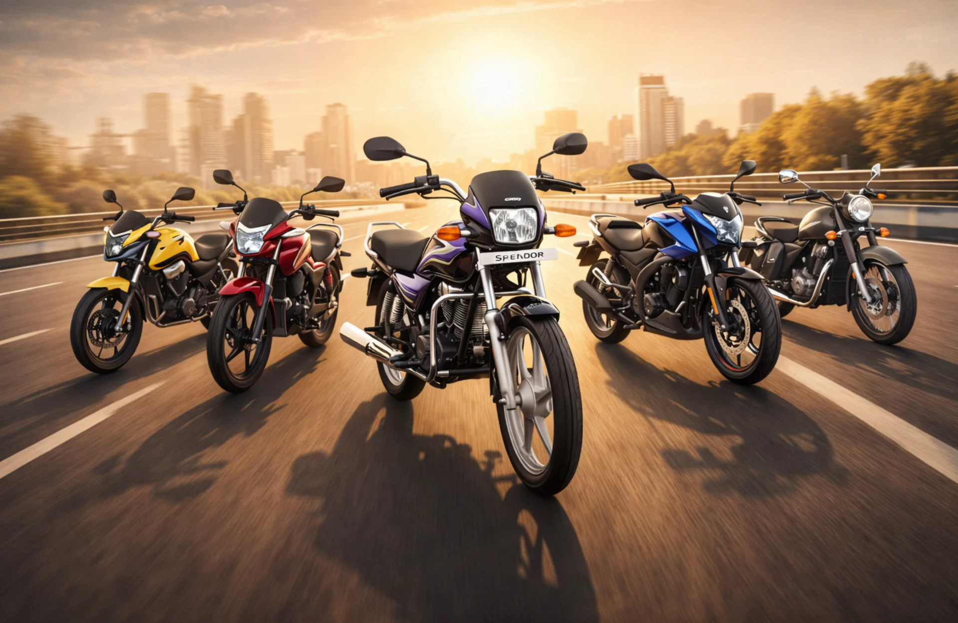 A lineup of India’s top-selling motorcycles for 2026, including the Hero Splendor, Honda Shine, TVS Raider, and Royal Enfield Classic 350.