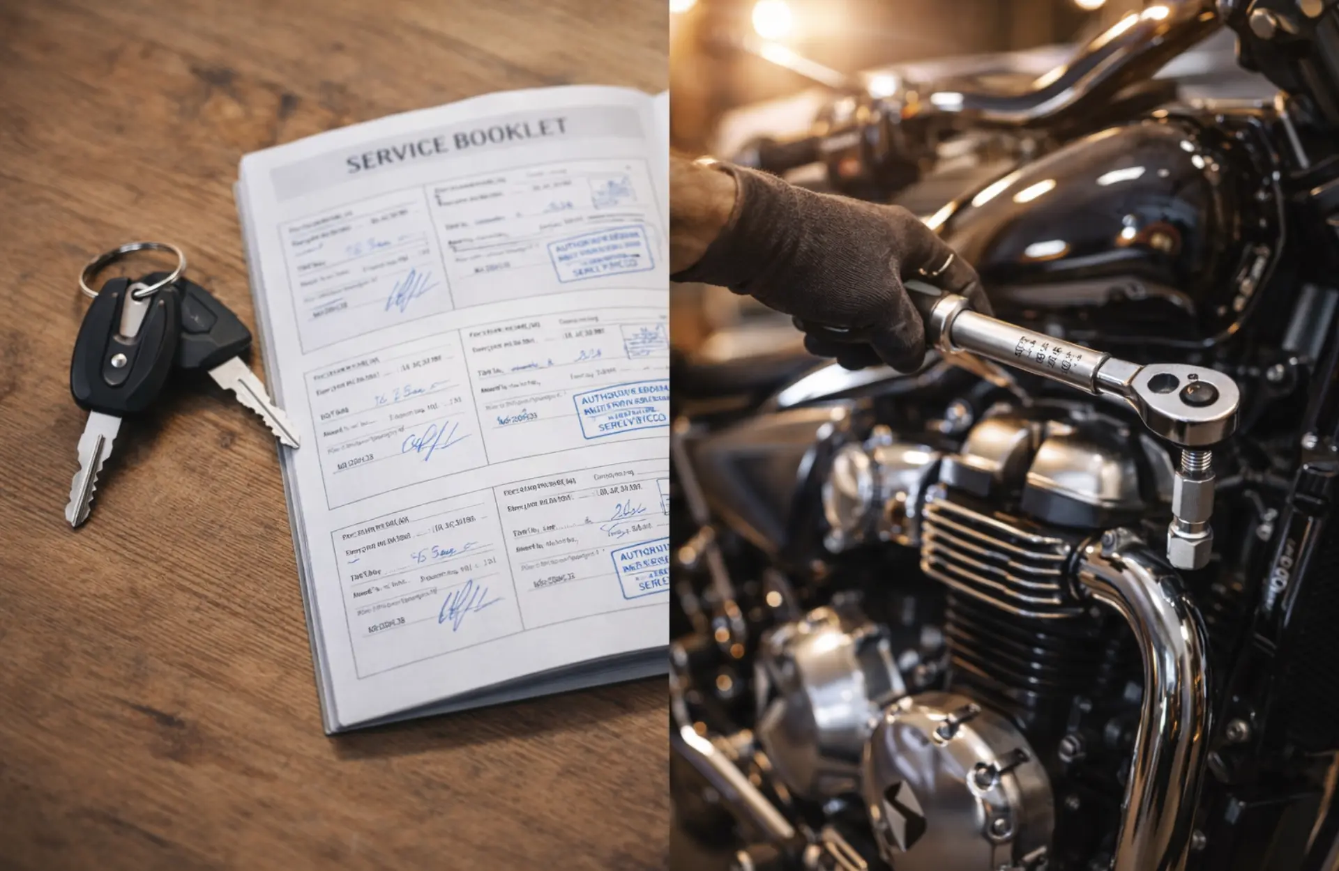 A well-documented motorcycle service history booklet and keys alongside a professional engine tune-up to demonstrate high resale value maintenance
