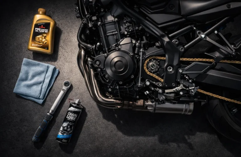 A professional motorcycle maintenance setup featuring engine oil, chain lube, and tools to demonstrate peak performance servicing at Genie Bikez.