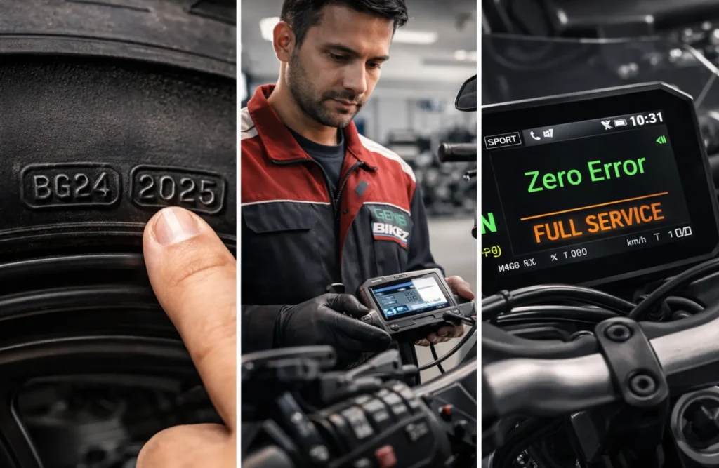 A Genie Bikez technician performing a 40-point inspection, including tire DOT code verification and digital console diagnostic checks.