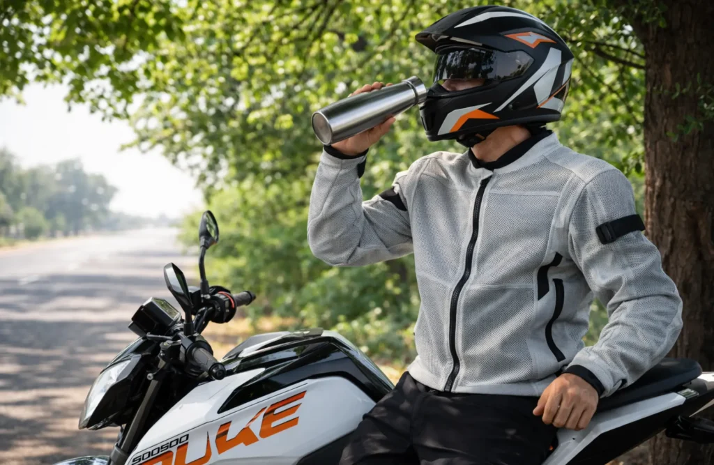 A motorcycle rider wearing a protective mesh summer jacket and hydrating next to a liquid-cooled bike in the shade to prevent heatstroke.