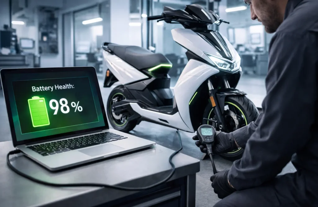 A professional battery health diagnostic and tyre pressure check on an electric scooter at a Genie Bikez service hub to maximize range.