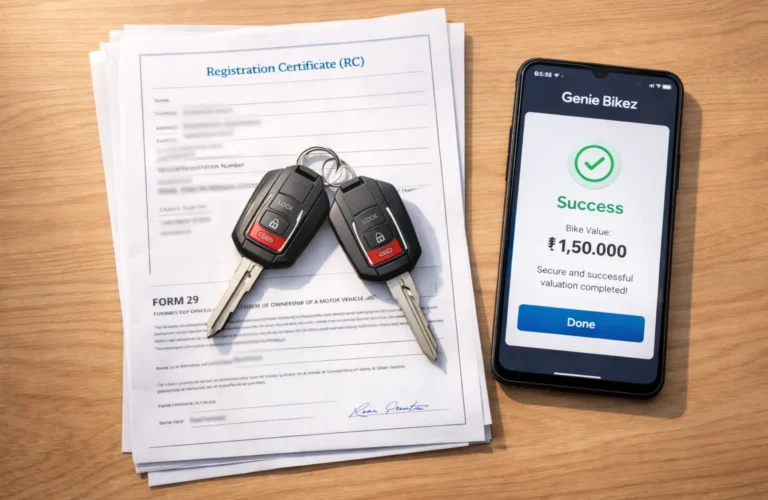 An organized set of motorcycle selling documents, including the RC and RTO Form 29, laid out for a professional valuation at Genie Bikez.
