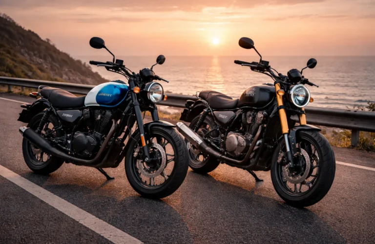 A Royal Enfield Hunter 350 and TVS Ronin parked on a scenic coastal road at sunrise, showcasing the best cruiser bikes in India under 2 lakh.