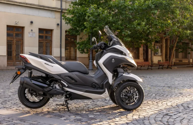 The 2026 Yamaha Tricity 300 three-wheeled scooter featuring the world’s first production rider airbag system developed with Autoliv.